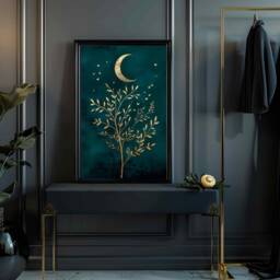 Tree Of Life Minimalistic Moon Nature Poster, Powder Room Wall Fine Art Bathroom Dressing Living Decor Teal Gold Boho Print - thumbnail 2