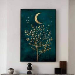 Tree Of Life Minimalistic Moon Nature Poster, Powder Room Wall Fine Art Bathroom Dressing Living Decor Teal Gold Boho Print - thumbnail 3