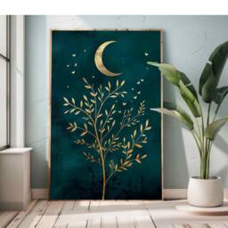 Tree Of Life Minimalistic Moon Nature Poster, Powder Room Wall Fine Art Bathroom Dressing Living Decor Teal Gold Boho Print - thumbnail 1