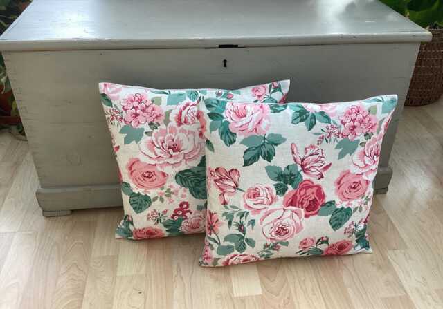 Handmade Pair Genevieve Classic Old Rose Cream Pink Floral Linen Country Botanical Duck Feather Throw Pillow Cushion - image 1