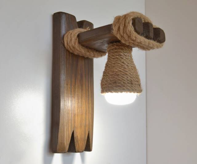 Wooden Sconce, Wall Light, Lamp Wooden, Bedroom Lamp, Wooden Rope Living Room Lighting, Rustic Loft Fixture - image 1