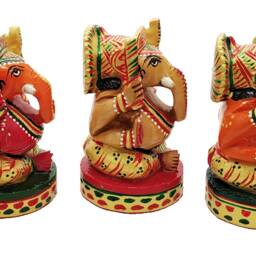 Hand Carved Wooden Ganesha Statue Set, Painted - thumbnail 2