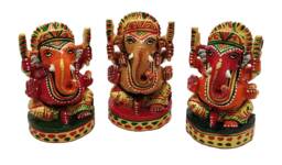 Hand Carved Wooden Ganesha Statue Set, Painted