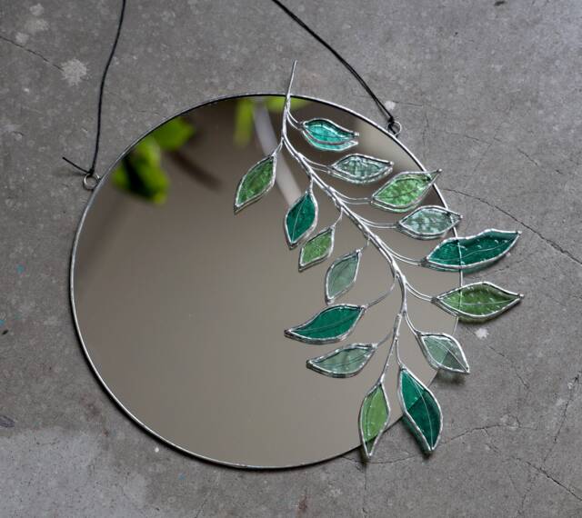 Eucalyptus Stained Glass Mirror, Botanical Wall Hanging Mirror With Silver Trim, Round Green Plant Floating Boho Circle Decor - image 1