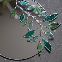 Eucalyptus Stained Glass Mirror, Botanical Wall Hanging Mirror With Silver Trim, Round Green Plant Floating Boho Circle Decor - thumbnail 2