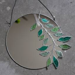 Eucalyptus Stained Glass Mirror, Botanical Wall Hanging Mirror With Silver Trim, Round Green Plant Floating Boho Circle Decor - thumbnail 3