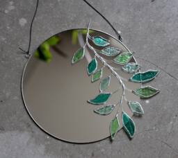 Eucalyptus Stained Glass Mirror, Botanical Wall Hanging Mirror With Silver Trim, Round Green Plant Floating Boho Circle Decor - thumbnail 1