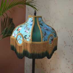 Blue Floral Silk Lampshade With Ombre Rayon Fringe - thumbnail 2