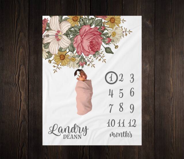 Vintage Floral Milestone Blanket Personalized Monthly Growth Tracker Custom Baby Shower Gift Newborn Nursery - image 1