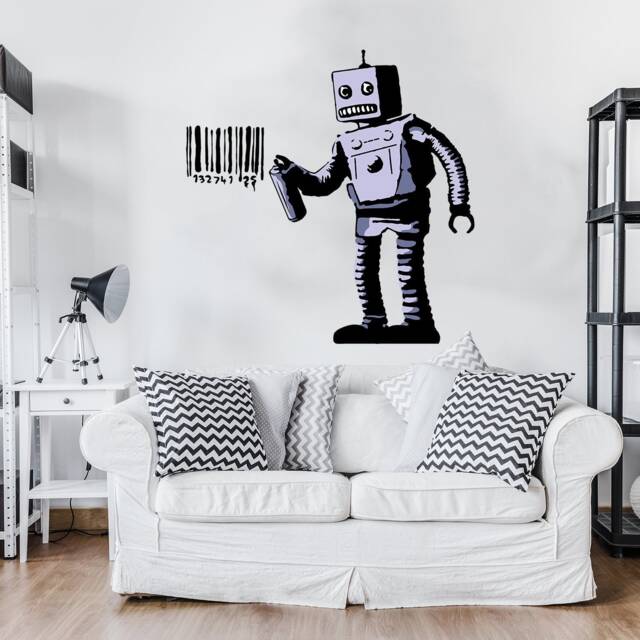 Robot Graffiti Wall Decal - Urban Art With Spray Can & Barcode Cool Removable Vinyl Sticker For Bedroom, Dorm, Or Game Room - image 1