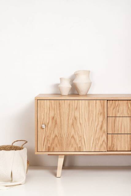 "Scandinavian Sideboard With Sliding Doors & Drawers, Oak, 3 Drawers ""Mint" - image 1