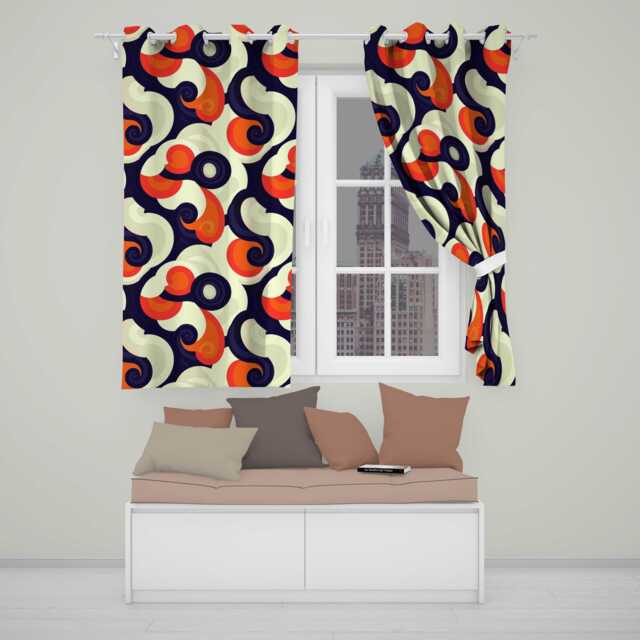 Abstract Swirl Shapes Bold Contrast Seamless Pattern Readymade Eyelet Ring Top Thermal 100% Blackout Curtains - image 1