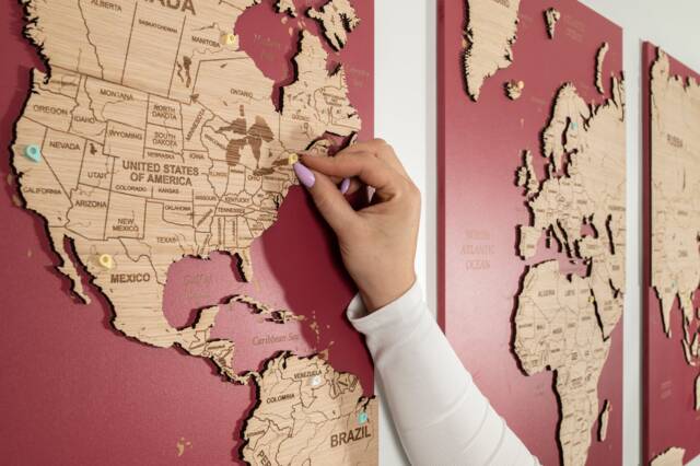 Fine Detail Wooden World Map Wall Art - Cork Push Pin Board Travel Wall, Decor, 3 Panel Feature Art, Anniversary - image 1