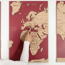Fine Detail Wooden World Map Wall Art - Cork Push Pin Board Travel Wall, Decor, 3 Panel Feature Art, Anniversary - thumbnail 2