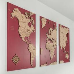 Fine Detail Wooden World Map Wall Art - Cork Push Pin Board Travel Wall, Decor, 3 Panel Feature Art, Anniversary - thumbnail 3