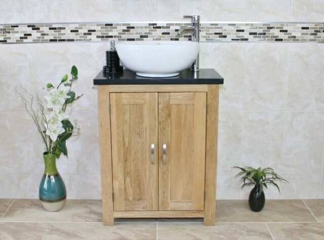 Solid Oak Bathroom Vanity Unit - Black Quartz Top Ceramic Basin Choice 310Bqcbc - image 1