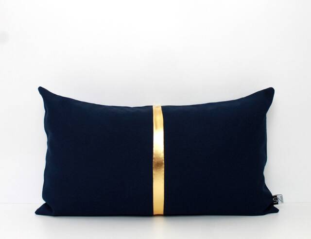 Navy Blue & Gold Lumbar Colorblock Pillow Cover, Metalic Stripe in Gold, Silver Or Copper - image 1
