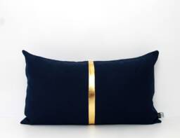 Navy Blue & Gold Lumbar Colorblock Pillow Cover, Metalic Stripe in Gold, Silver Or Copper - thumbnail 1