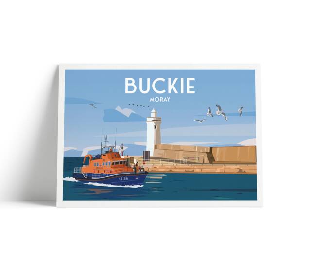 Buckie Moray Print - Lighthouse Pier Harbour Lifeboat Travel Poster - image 1