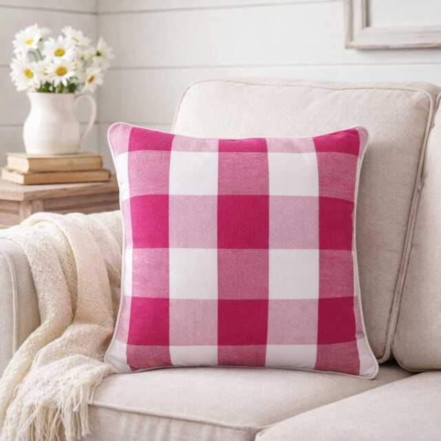 Pink Cotton, Plaid Pattern, Contemporary Throw Pillow Cover/Euro Sham - image 1