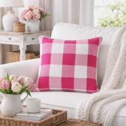 Pink Cotton, Plaid Pattern, Contemporary Throw Pillow Cover/Euro Sham - thumbnail 2