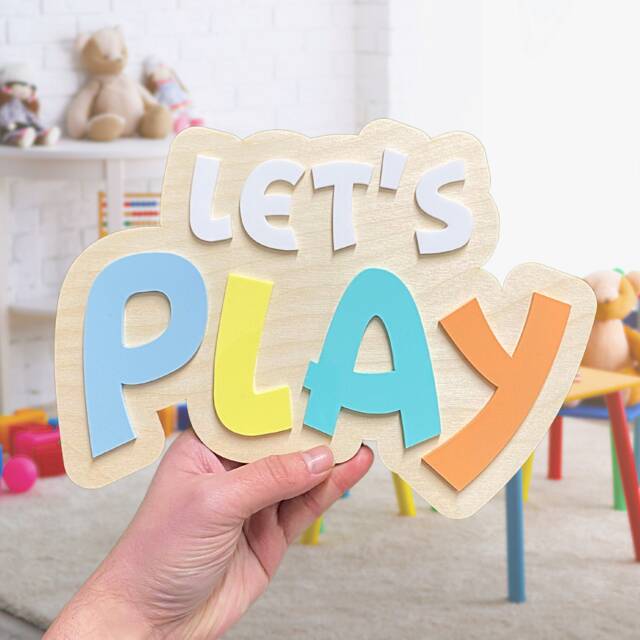 Let's Play Double Layer Wall Sign - Nursery Playroom Decor Art Bedroom Wood & Acrylic - image 1