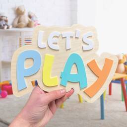 Let's Play Double Layer Wall Sign - Nursery Playroom Decor Art Bedroom Wood & Acrylic - thumbnail 1