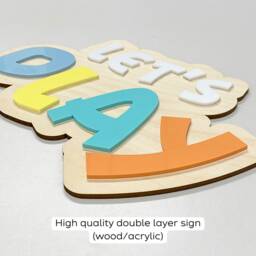 Let's Play Double Layer Wall Sign - Nursery Playroom Decor Art Bedroom Wood & Acrylic - thumbnail 2