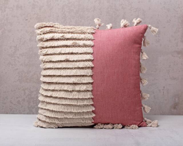 Coral Pink Embroidered Pillow Cover, Cotton Boho Cushion With Tassels, Handmade Throw Decor - image 1