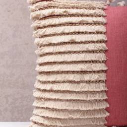 Coral Pink Embroidered Pillow Cover, Cotton Boho Cushion With Tassels, Handmade Throw Decor - thumbnail 2