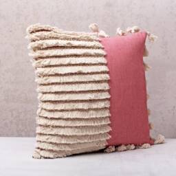 Coral Pink Embroidered Pillow Cover, Cotton Boho Cushion With Tassels, Handmade Throw Decor - thumbnail 4