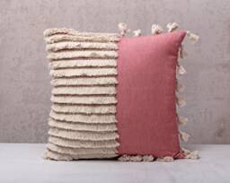Coral Pink Embroidered Pillow Cover, Cotton Boho Cushion With Tassels, Handmade Throw Decor - thumbnail 1