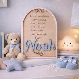 Affirmation Card For Kids - Personalized Nursery Decor Baby Shower Gift Engraved Wooden Plaque Girls & Boys Bedroom Sign Name - thumbnail 2