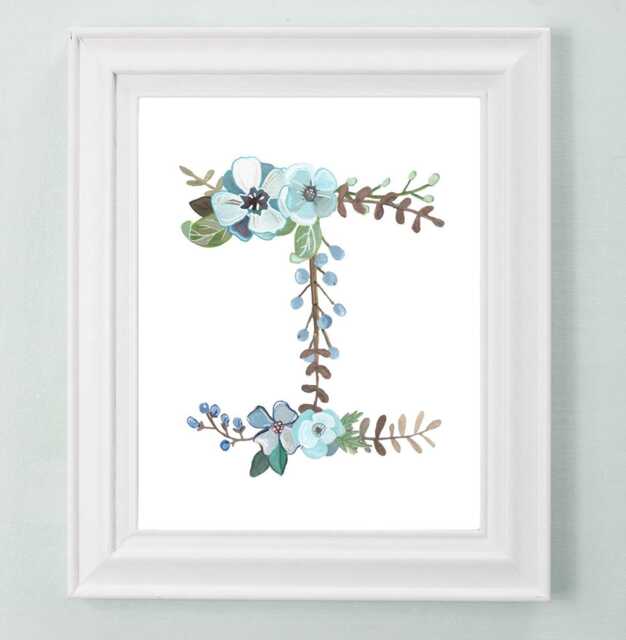 I - Floral Letter Art Print Girls Nursery Decor Decorative Botanical Initial Child Or Baby's Room Wall Newlywed Gift - image 1