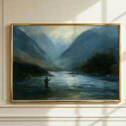 Scottish Fly Fishing Wall Art, Highland River Painting, Lone Fisherman Print, Lodge Decor, Outdoorsman Gift - thumbnail 1