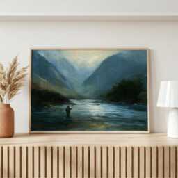 Scottish Fly Fishing Wall Art, Highland River Painting, Lone Fisherman Print, Lodge Decor, Outdoorsman Gift - thumbnail 3