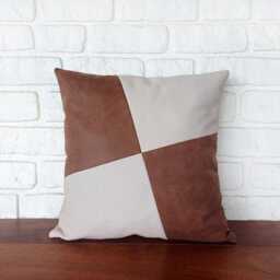 Montana Brown-Beige Velvet Fabric Diagonal Design Distressed Leather Look Pillow Cover/Housewarming Gift-1Pcs - thumbnail 3