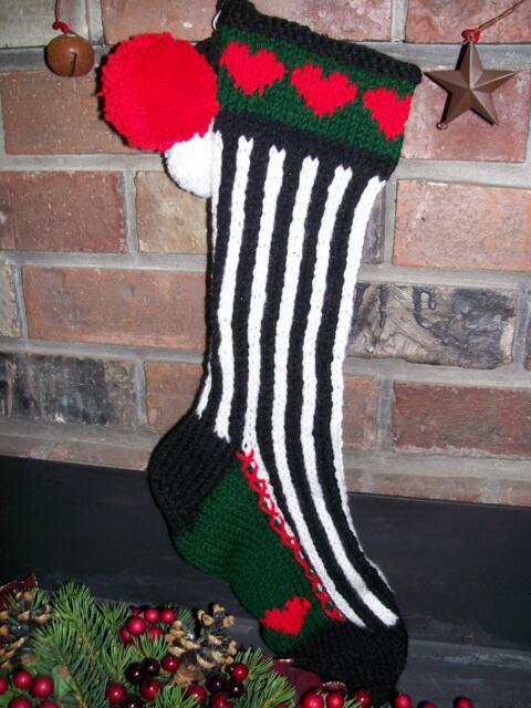 Hand Knit Christmas Stocking Black White Vertical Stripe Red Green Heart Border By Santa's Works - image 1