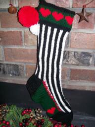 Hand Knit Christmas Stocking Black White Vertical Stripe Red Green Heart Border By Santa's Works - thumbnail 1