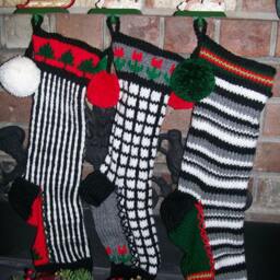 Hand Knit Christmas Stocking Black White Vertical Stripe Red Green Heart Border By Santa's Works - thumbnail 4