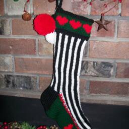 Hand Knit Christmas Stocking Black White Vertical Stripe Red Green Heart Border By Santa's Works - thumbnail 2
