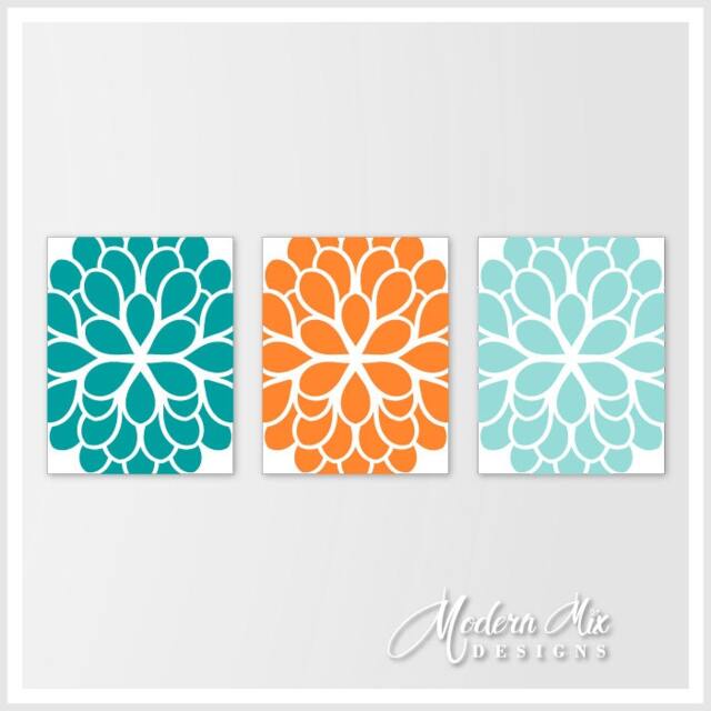 Flower Wall Art Turquoise Orange Aqua Dahlia Print Trio Bedroom Bathroom Home Decor Canvas M 002 04 - image 1