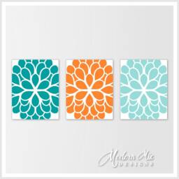 Flower Wall Art Turquoise Orange Aqua Dahlia Print Trio Bedroom Bathroom Home Decor Canvas M 002 04 - thumbnail 1