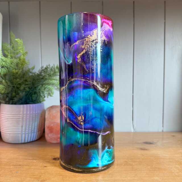 Hand Decorated 30cm Tall Glass Vase Pink, Turquoise Gold Copper Or Silver Design - image 1