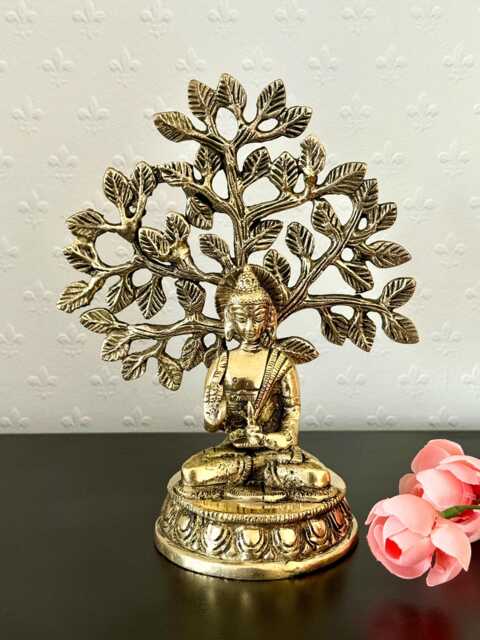 Brass Buddha Statue Under Bodhi Tree Meditating For Zen Home Decor Spiritual Gift, Yoga, Meditation Room & Housewarming Gifts - image 1