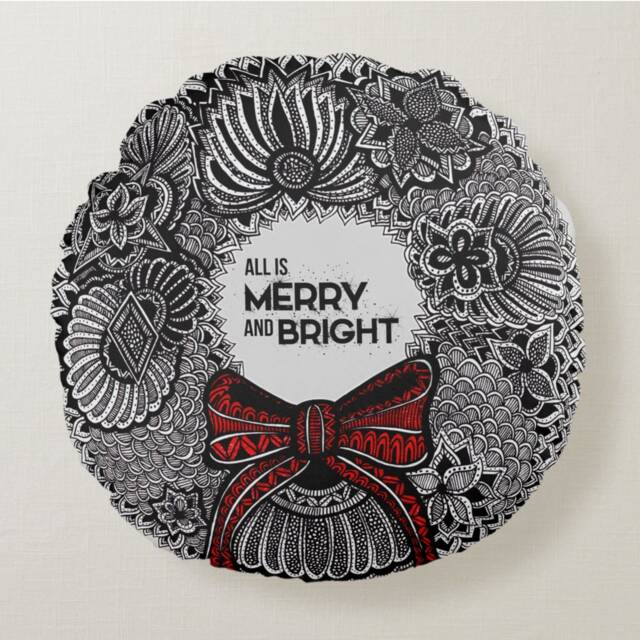 Christmas Double-Sided Cotton Pillow - Decor Home Wreath Quote Merry & Bright Circle Drawing - image 1