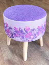 Lilac Vines Linen & Harris Tweed Footstool With Varnished Light Wooden Legs