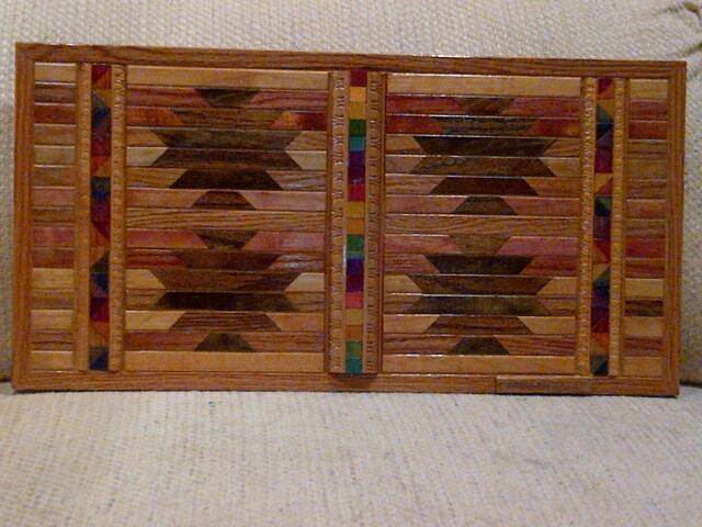 Wood Wall Art Sculpture With Geometric Oak & Pine Pieces Stained in Various Colors Triangle & Block Inlays Spectrum Colors - image 1