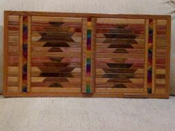 Wood Wall Art Sculpture With Geometric Oak & Pine Pieces Stained in Various Colors Triangle & Block Inlays Spectrum Colors