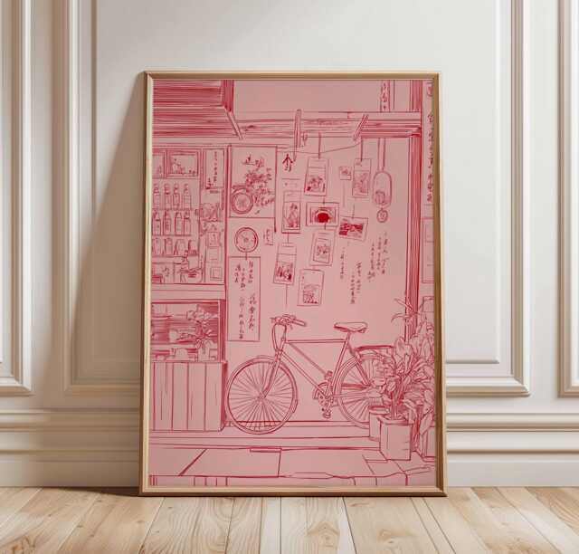 Japanese Bicycle Poster, Minimal Line Art Shop Print, Red Monochrome Urban Wall Art, Asian Street Scene Decor, Tokyo Inspired Illustration - image 1